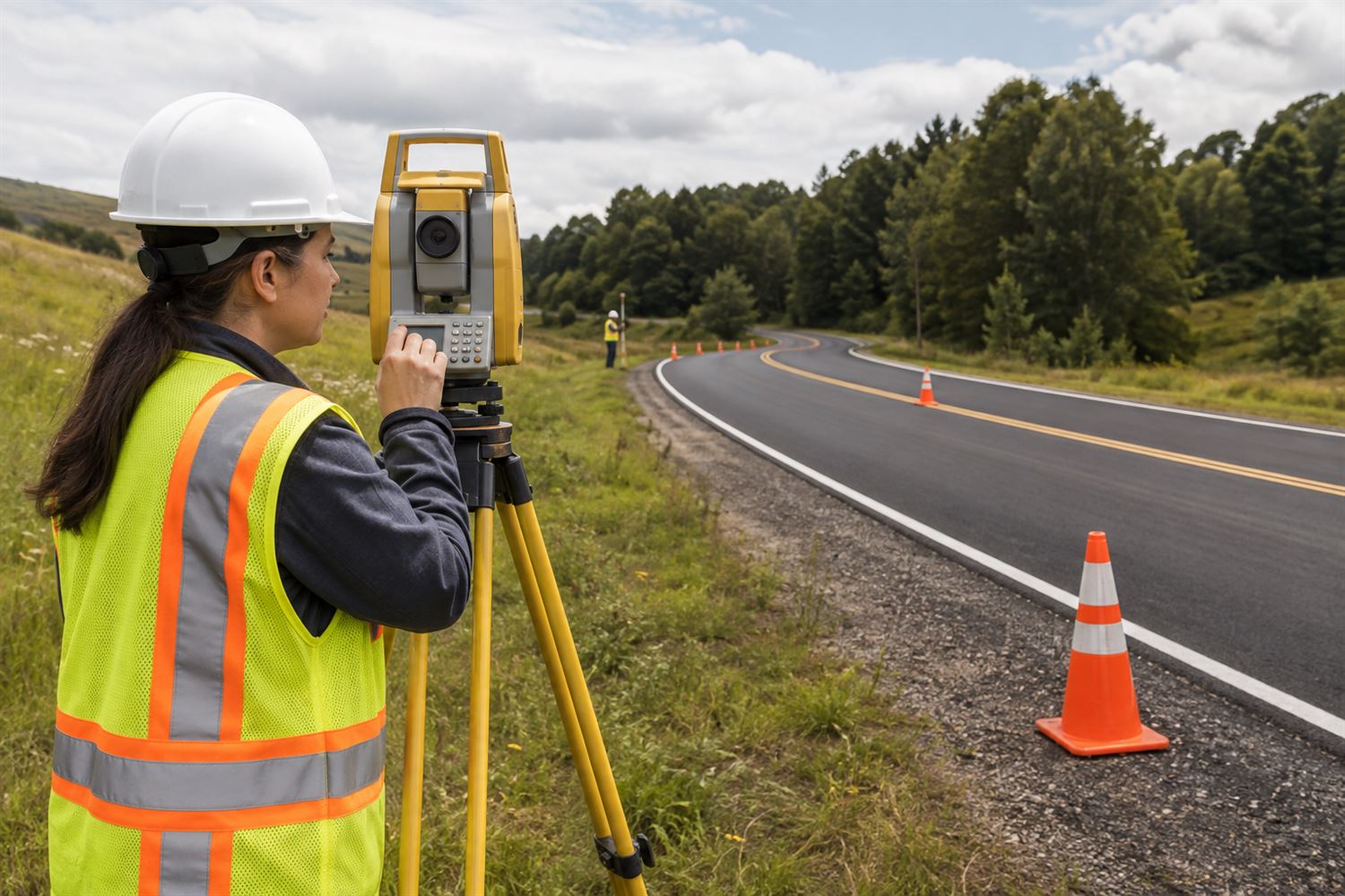 A surveyor in a hard hat sighting a total station from a grass shoulder beside a curving two lane highway, with traffic cones set out and a rodman down the road