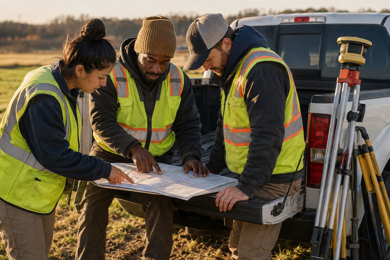 Three surveyors leaning over a map spread across a pickup tailgate at golden hour, tripods and instrument cases stacked in the truck bed beside them