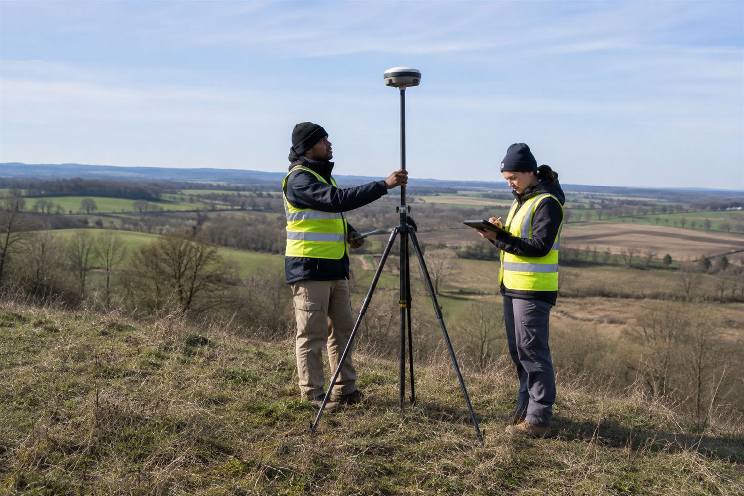 Two surveyors setting a GNSS antenna on a tripod at a hilltop control point, with farmland and hedgerows spread out in the valley below