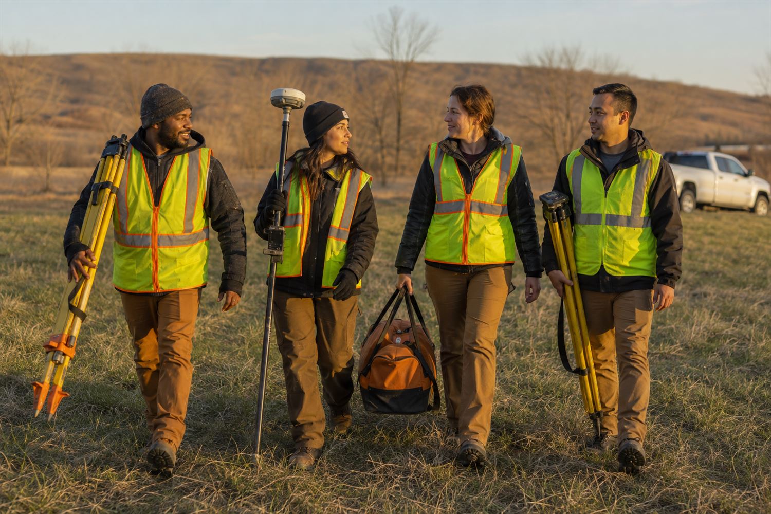 Four surveyors walking back to the truck across a winter field at golden hour, carrying tripods, a GNSS pole and an equipment bag